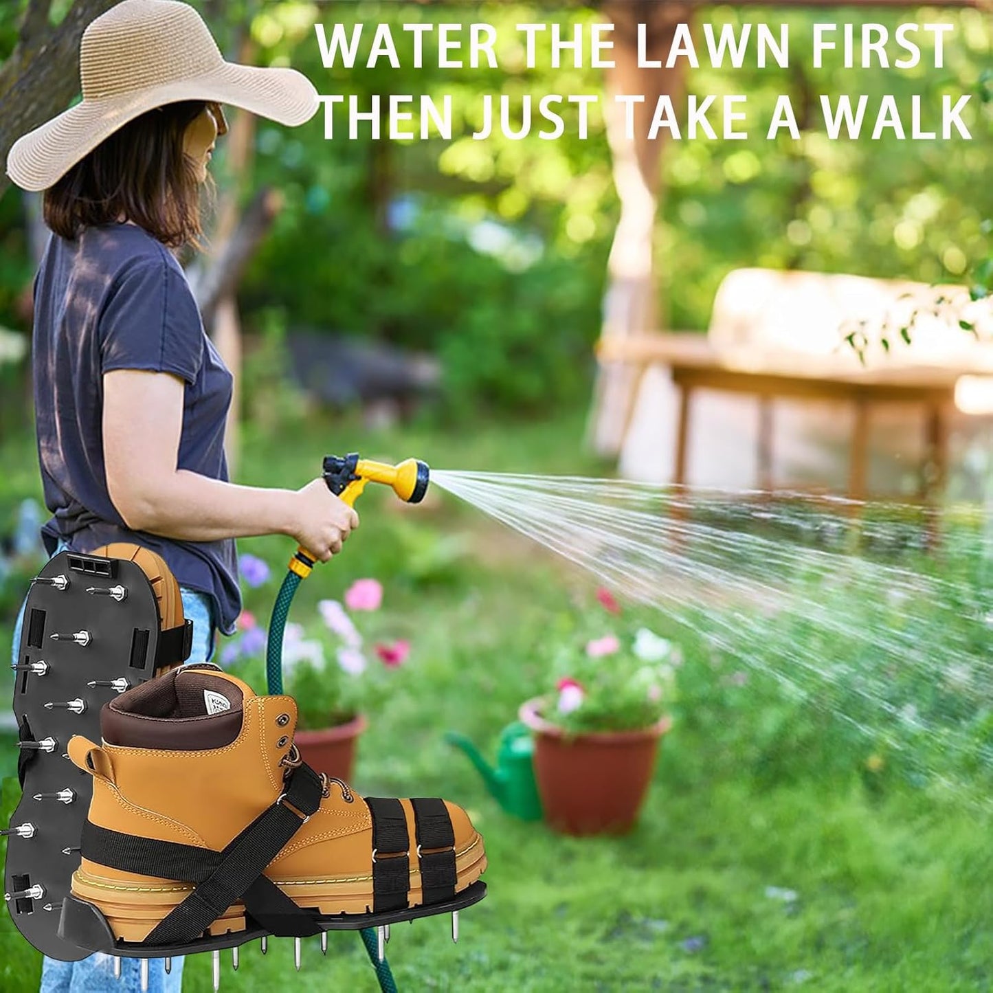 Lawn Aerator Shoes, Spike Shoes for Self Levelling Floor, Heavy Duty Long Spiked Aerating Sandals for Yard Patio Garden Grass Lawn, with Gardening Gloves/ Stainless Steel Shovels Clearing Away Debris