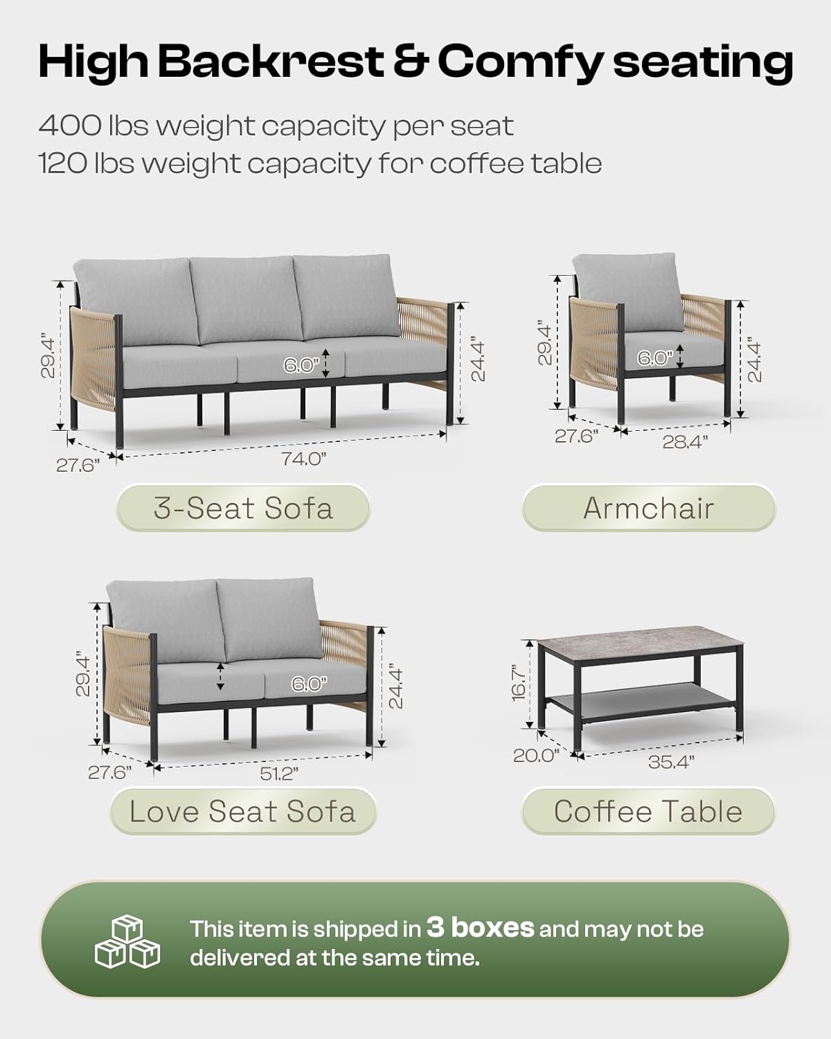 Aluminum Outdoor Patio Furniture Set, HDPE Rope 4 Piece Modern Sectional Conversation Sets with Dual-Layer Coffee Table, All Weather Patio Couch Sets with Thick Cushions, Gray Frame, Gray