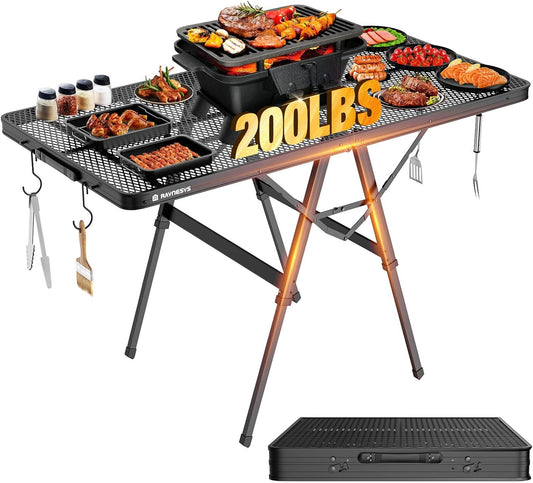 Foldable Grill Table with Mesh Desktop, 200lbs 4Ft Portable Folding Table, Height Adjustable Metal Table for Ourdoor, Camping, Picnic, BBQ and Beach, RV, 47.24" L x 23.62" W