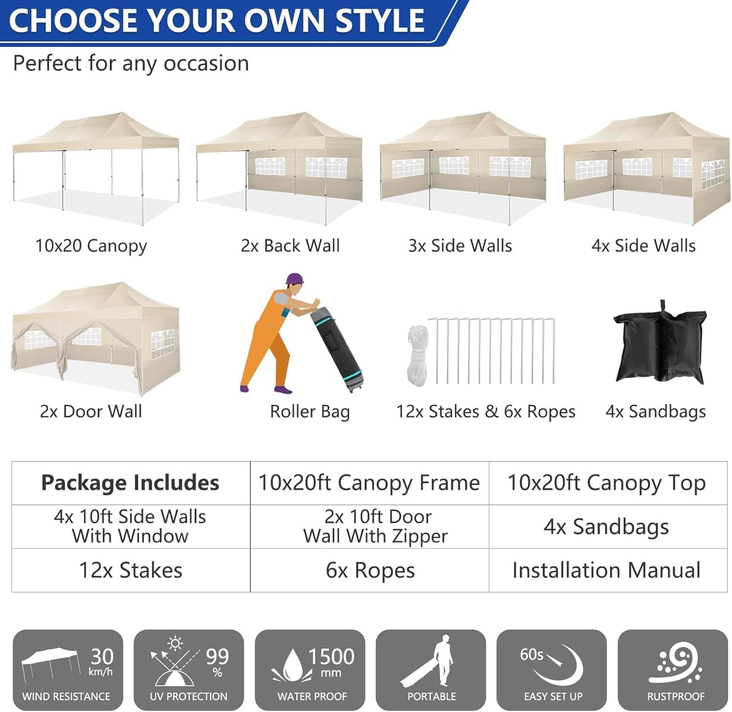 COBIZI 10x20 Pop up Canopy Tent Heavy Duty with 6 Sidewalls, Easy Set-up Commercial Outdoor Party Tent, 100% Waterproof Wedding Canopy Gazebo, 3 Height Adjustable with Wheeled Bag,Khaki