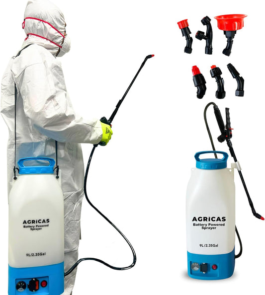 Battery Powered Sprayer 2.35 Gallon, Electric Garden Sprayer for Weed/Pest Control, 6 Nozzles, 50 PSI Pressure, Telescopic Wand, Shoulder Strap, Long-Lasting 12V Battery
