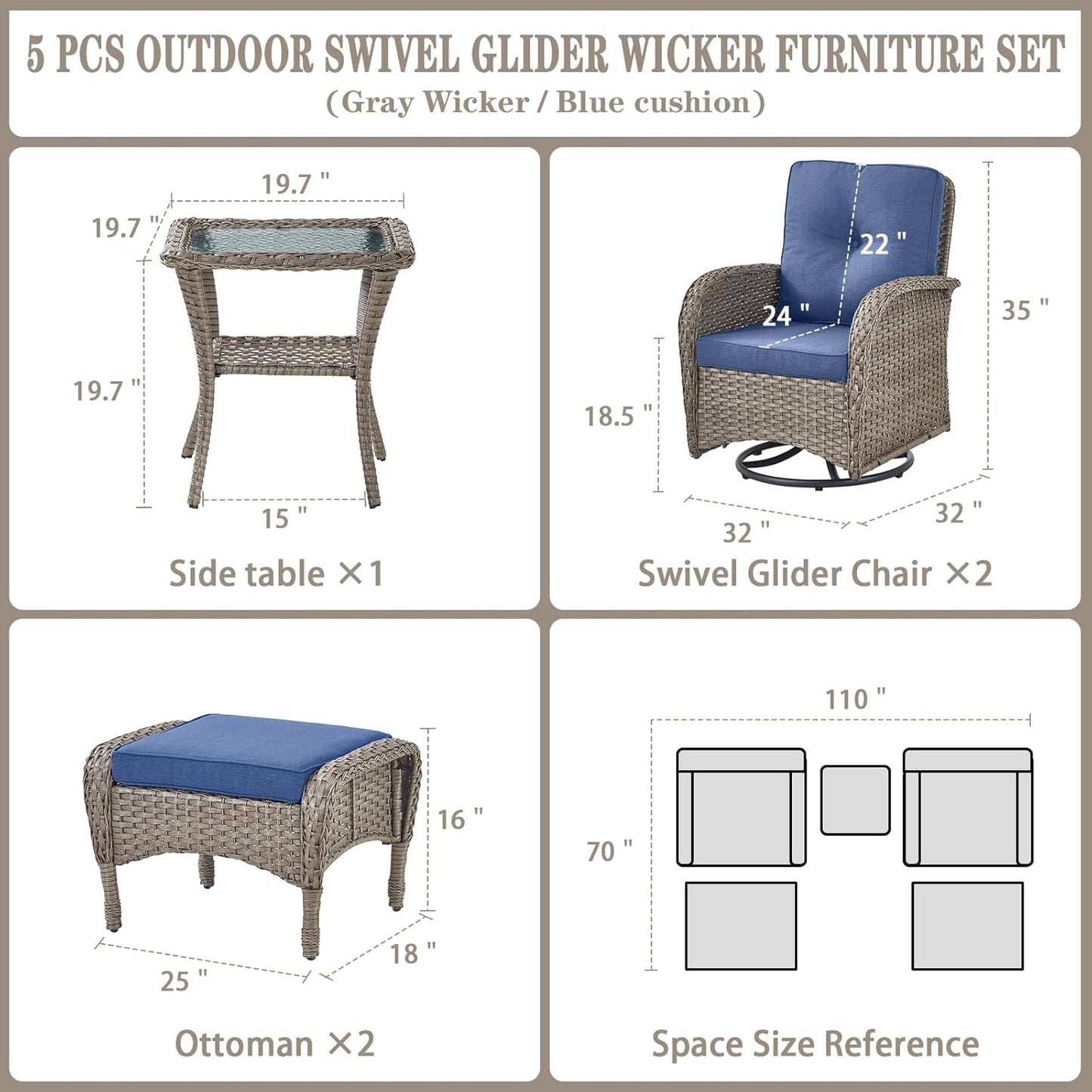 5 Pieces Wicker Patio Furniture Set - Swivel Rocker Outdoor Chairs with Ottomans and Side Table, Small Patio Conversation Set for Porch Deck Backyard