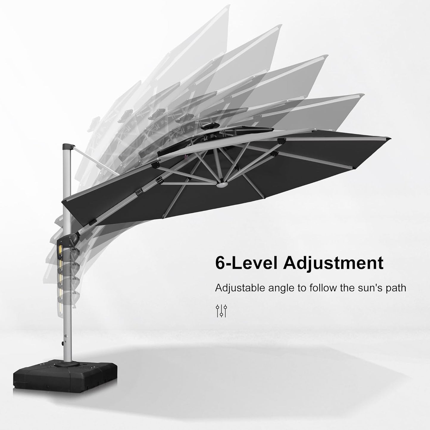 PURPLE LEAF 12ft Patio Umbrella With Base Solar powered LED Cantilever Umbrella with LED lights Windproof Outdoor Offset Umbrella for Garden Deck Pool Patio, Grey