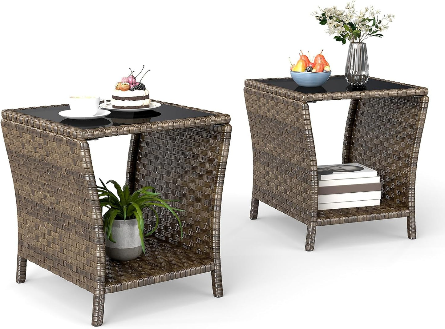 Outdoor Small Patio Table - PE Rattan Coffee Table, Wicker Side Table for Patio, Balcony & Porch, Durable & Iron Frame (2, Mixed Dark Brown)