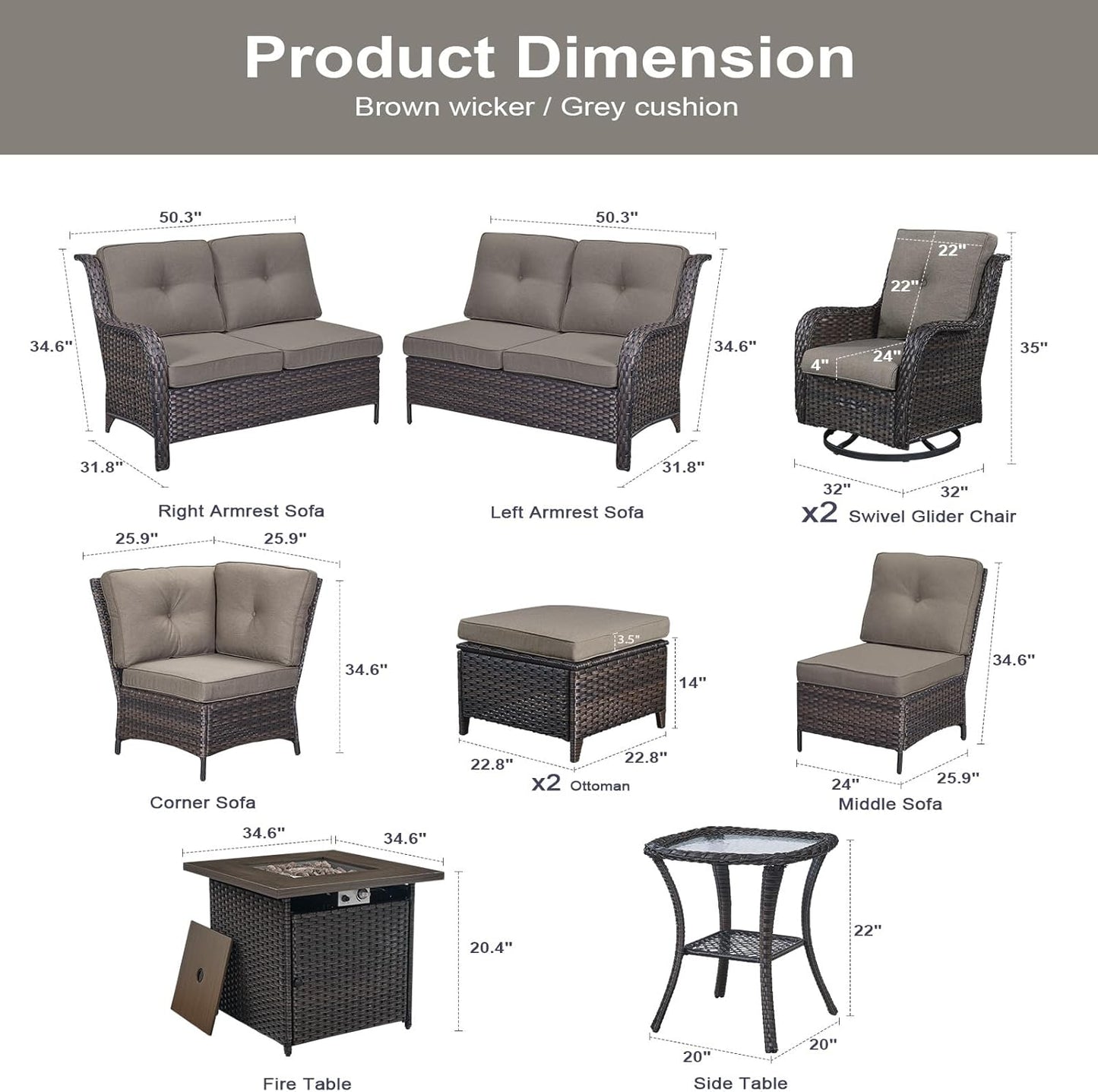 Outdoor Sectional Furniture Sofa Set with 50000BTU Propane Fire Pit Table, Wicker Patio Conversation Set with 2 Swivel Rocker Glider Chairs Grey Cushion Perfect for Backyard Casual Gathering
