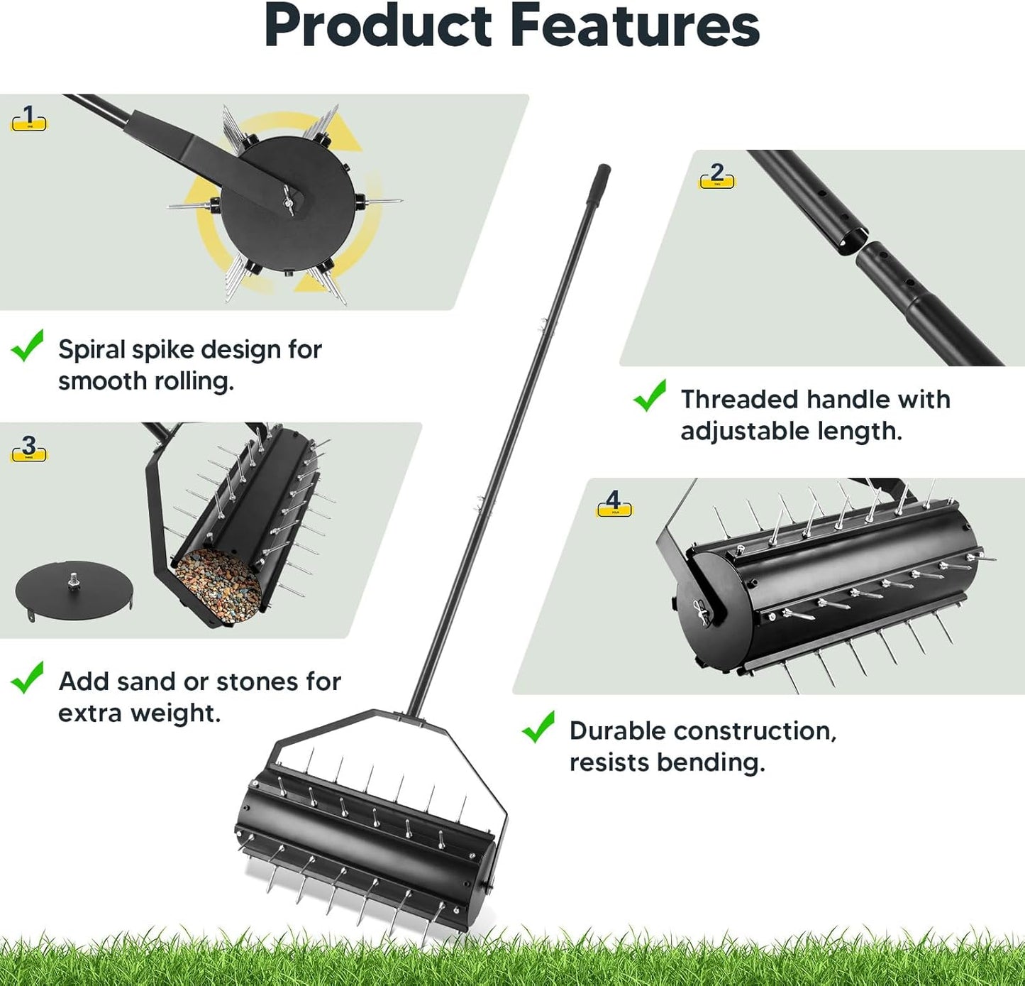 Uranshin Rolling Lawn Aerator Tool, Heavy Duty Manual Push Aerator Lawn Tool with 39 Pre-Attached Spikes and 70" Adjustable Handle, Lawn Spike Aerator Roller Suitable for Lawn, Garden and Yard
