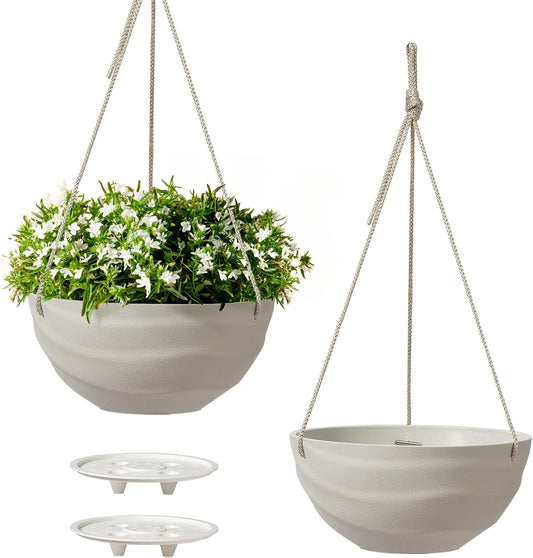 La Jolie Maison 10 Inch Hanging Planters for Indoor Plants, Outdoor Garden Planter Pots with Self-Watering Tray, Oatmeal, Set of 2