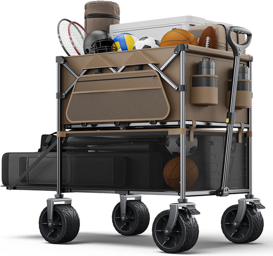 Foldable Wagon Cart,Everyfun 480Lbs Double Decker Wagon,Beach Carts with Big Wheels&Side Pocket&Dustbag,Large Capacity Folding Wagon for Shopping,Garden,Camping,Fish,New Wave Sports Wagon-Brown