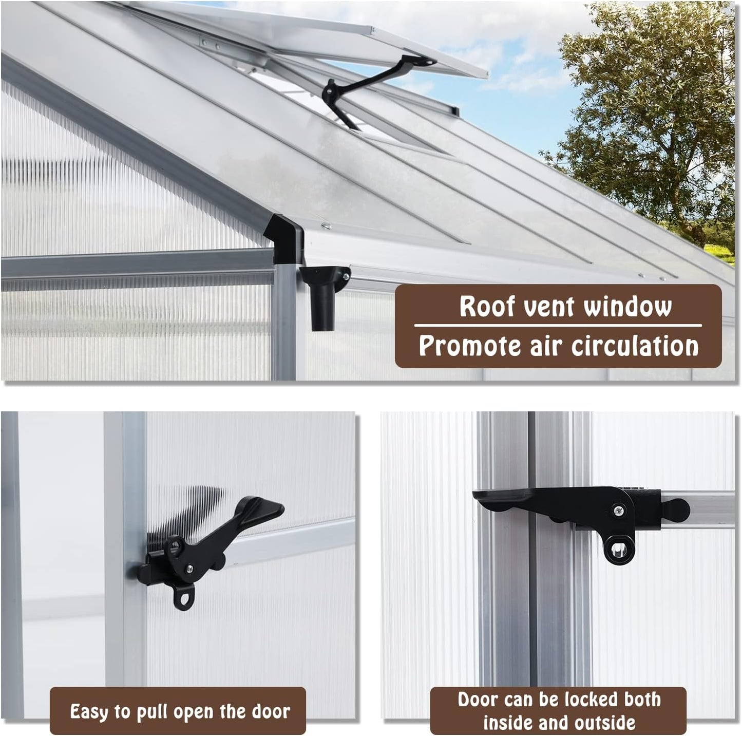 BPS 6x10 FT Walk-in Polycarbonate Greenhouse with Heavy-Duty Aluminum Frame, Vent Windows, and Lockable Door for Outdoor, Patio, Backyard, and Garden