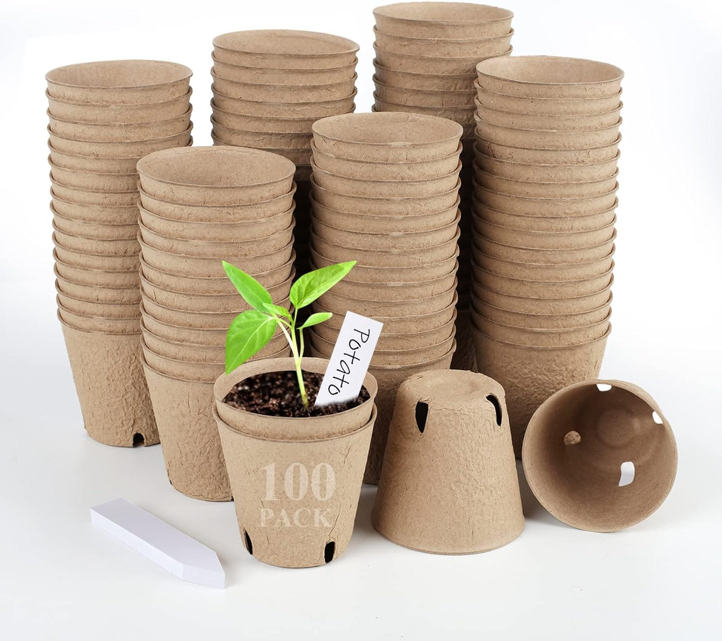 100PCS Peat Pots, 3.15Inch Seed Starting Pots with Drainage Holes Round Nursery Pot, Garden Germination Nursery Pot Bonus 20 Plant Labels