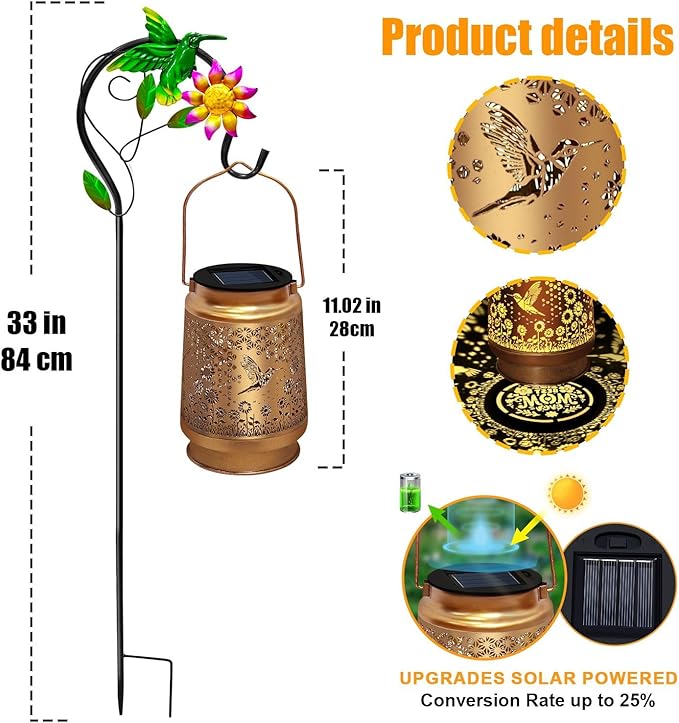 2 Pack Solar Lanterns Outdoor Decor - Perfect Gifts for Mom Women Grandma, Solar Powered Hummingbird Sunflower Lantern with 8-Hour Runtime, Waterproof & Easy to Use for Garden, Patio, Yard