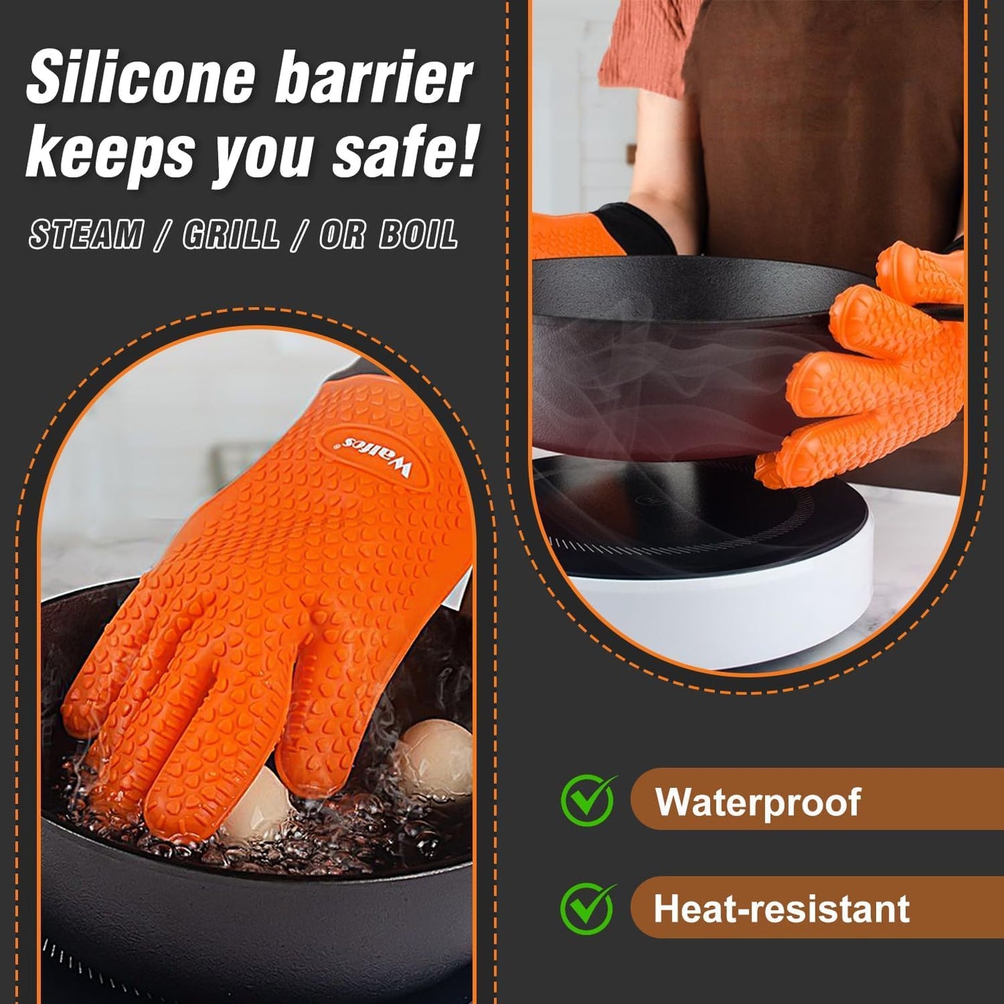 Walfos Silicone BBQ Gloves - Heat Resistant Grilling Gloves Set with Pork Shredder Claws & Brush, Non-Slip Kitchen Silicone Oven Mitt with Protective Cotton Layer, Suit for Indoor & Outdoor, Orange