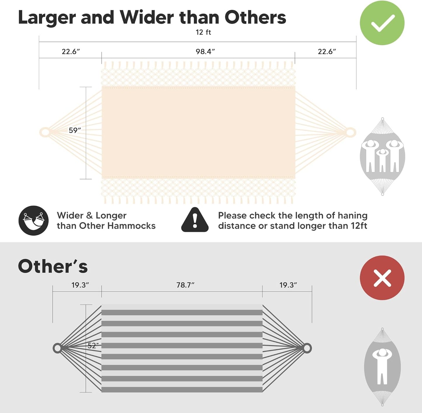 SUNCREAT Portable Camping Hammock for Outside, Heavy Duty 2 Person Hammock Bed for Tree, Beige with Tassels