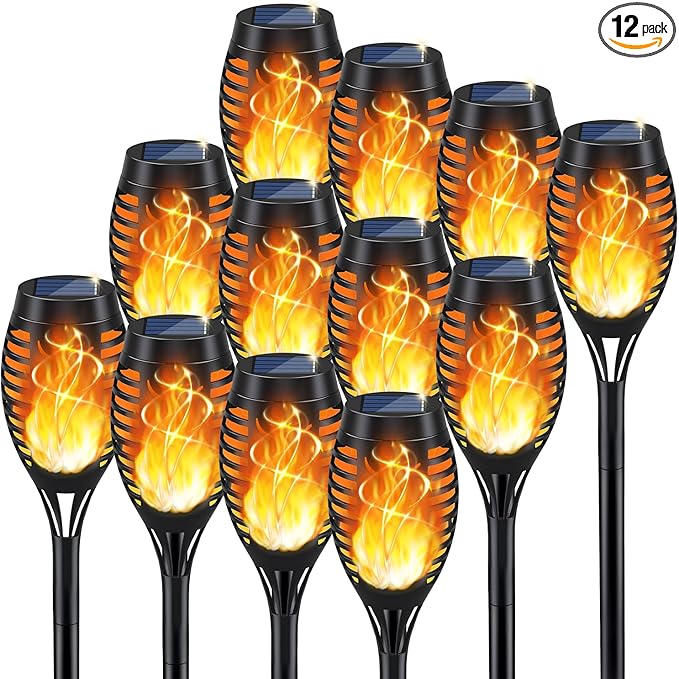 KYEKIO Solar Torch Light with Flickering Flame, 12Pack Solar Lights Outdoor, Waterproof Outdoor Lights for Yard Garden, Luces Solares para Exteriores, Tiki Torches for Outside Patio Decorations