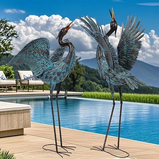 Natelf Garden Crane Sculptures & Statues, Blue Heron Decor Outdoor Large Bird Yard Art, Standing Metal Herons Lawn Ornaments for Home Patio Porch Backyard Decorations(Set of 2)