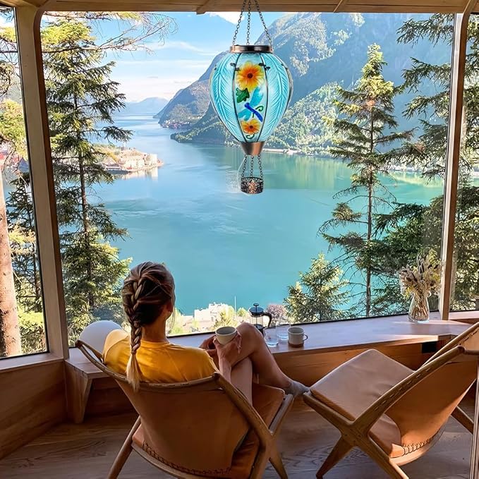 Starsoul Large Solar Hot Air Balloon Lantern with Flame Dragonfly Glass Hanging Outdoor Hot Air Balloon Solar Light Waterproof Garden Patio Yard Party Decorations