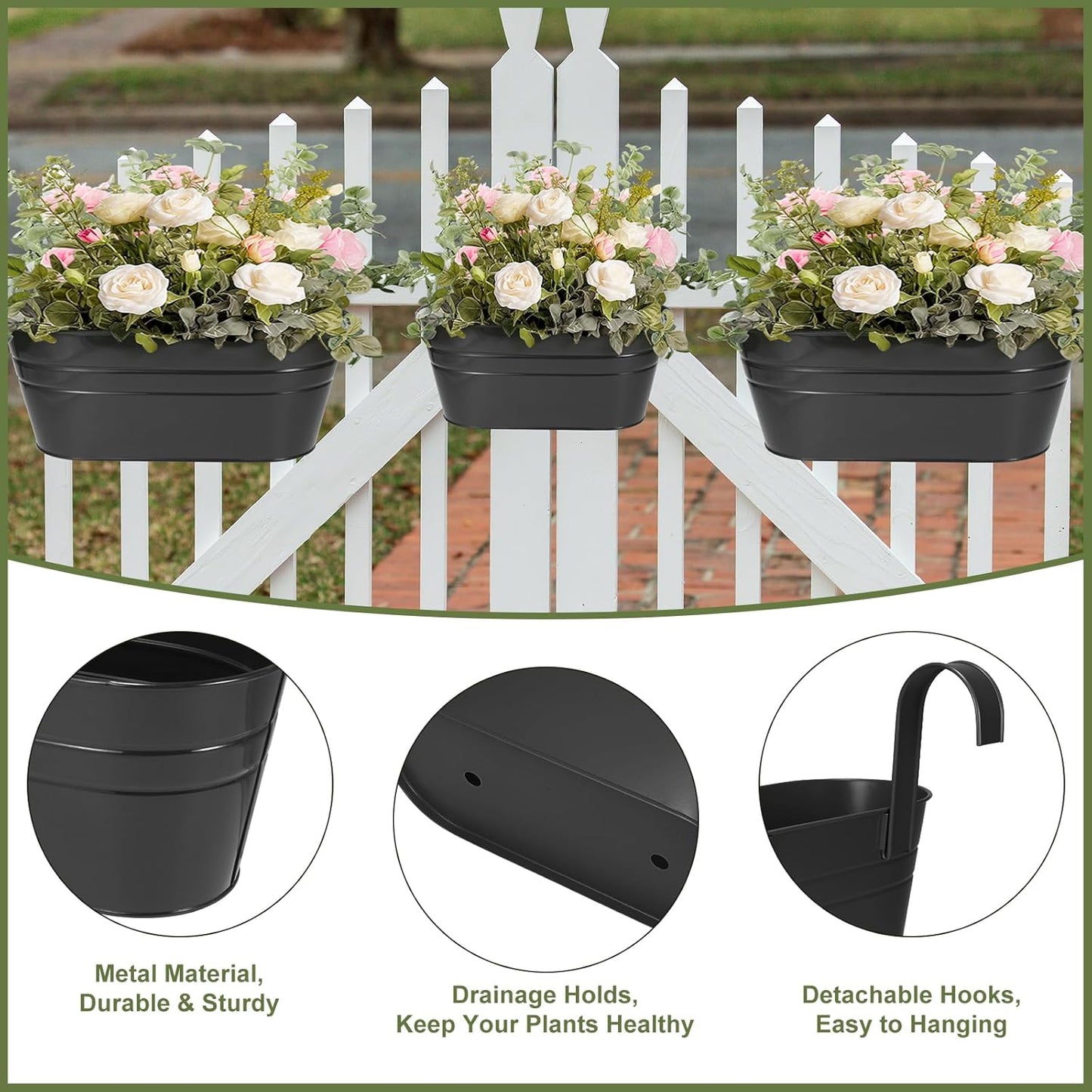 3 Different Size Metal Iron Hanging Flower Pots 13 Pcs for Outdoor Plants Metal Hanging Bucket Pots Iron Railing Fence Planter with Drainage Holes and Hooks for Porch Railing Balcony Fence (Black)