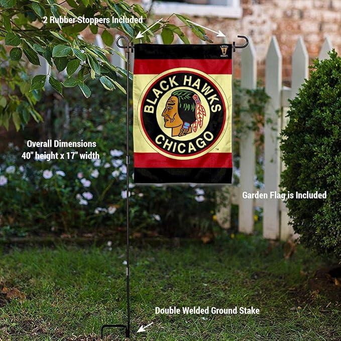 WinCraft Chicago Blackhawks Vintage Retro Garden Flag with Pole Stand Holder