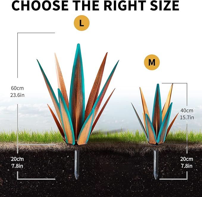 Large Tequila Rustic Sculpture, Metal Agave Plants for Outdoor Patio, Home Decor Hand Painted Garden Statue, Lawn Ornaments Yard Stakes (Blue - M)