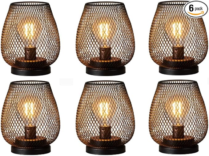 DECORKEY Set of 6 Battery Operated Lamp LED Table Lantern, Brown Metal Cage Cordless Lamps with LED Bulb，Vintage Decorative Outdoor Lantern for Weddings, Parties, Patio, Events for Indoors Shelf Decor