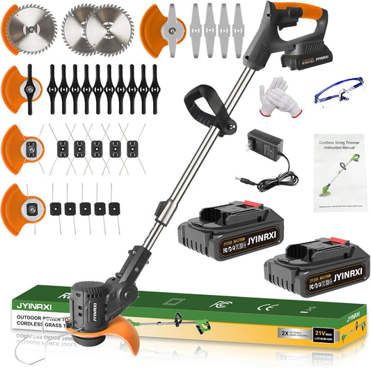 Electric Weed Wacker Cordless,21V Weed Cordless Eater Battery Powered with 2 * 2.0Ah Battery and 5 Types Blade, 3-in-1 Stringless Grass Trimmer/Edger/Brush Cutter for Lawn Garden Yard