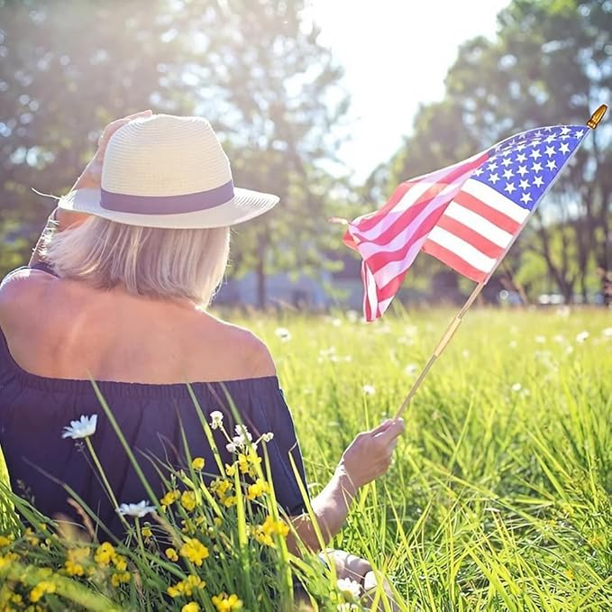 Pack of 50 American Flags with wood Stick, 12x18 Inch US Flags/American Hand Held Stick Flags with Kid-Safe Spear Top, Perfect for Patriotic Decorations, Parades, Veteran Party