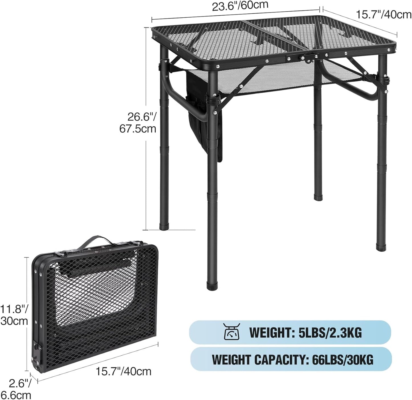 RedSwing Folding Grill Table, Lightweight Height Adjustable Aluminum Table with Mesh Desktop and Mesh Bag for Outdoor Camping Picnic BBQ, Small 2 Feet, Black