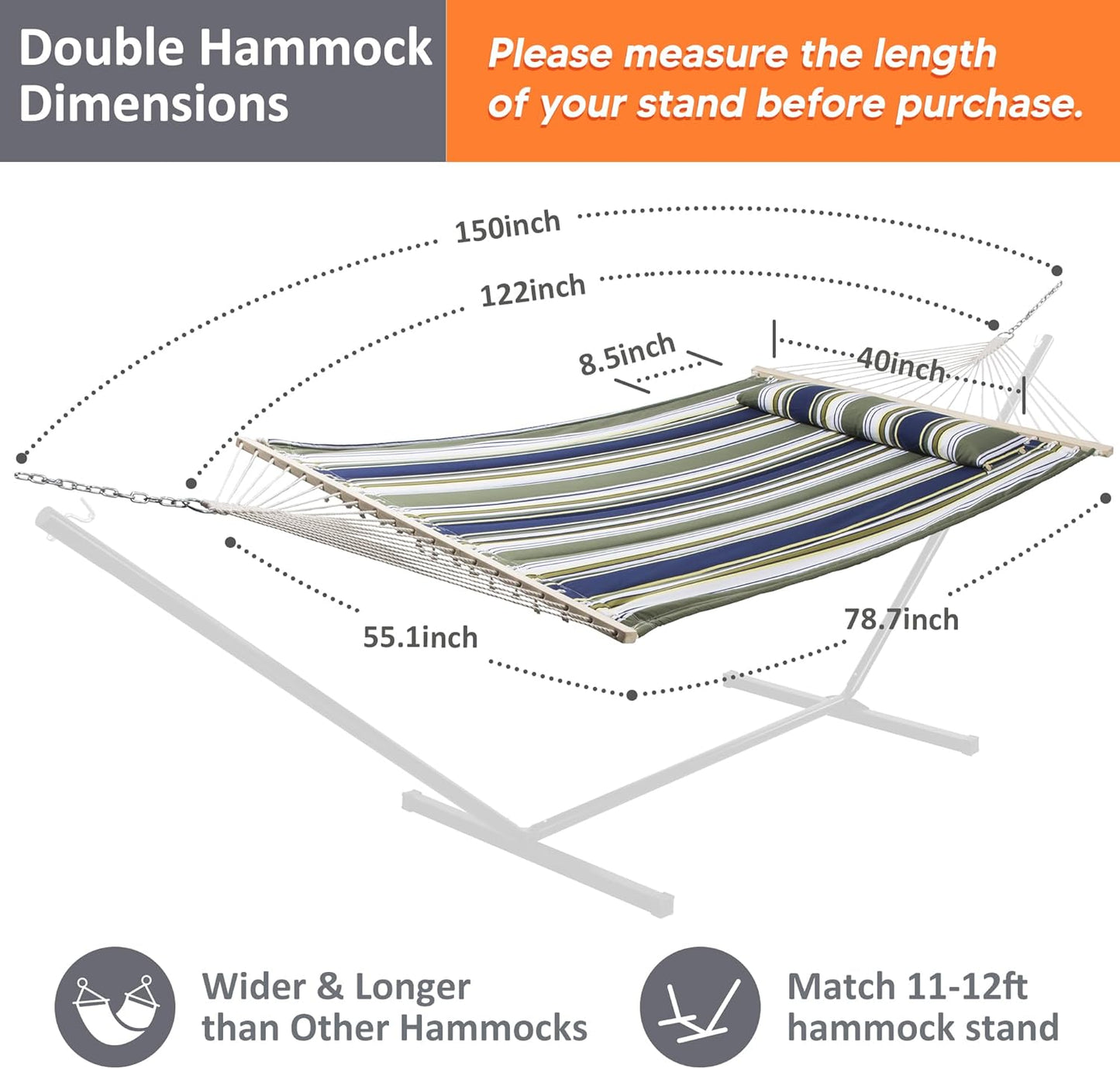 SUNCREAT Double Hammocks 2 Person with Extra Large Pillow, Non Fading Tree Hammocks for Outside, Blue&Aqua