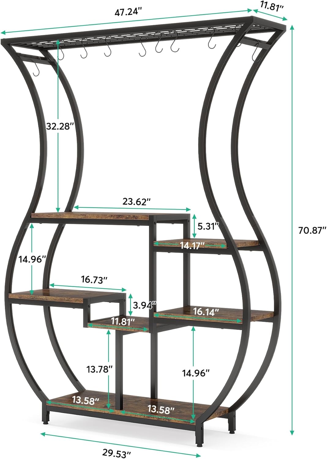 Tribesigns 6-Tier Plant Stand, 70.9 Inch Tall Plant Shelf with 10 Hanging Hooks, Vase Shape Ladder Plant Stand, Multi-Purpose Plant Display Rack for Indoor, Balcony, Living Room, Brown and Black