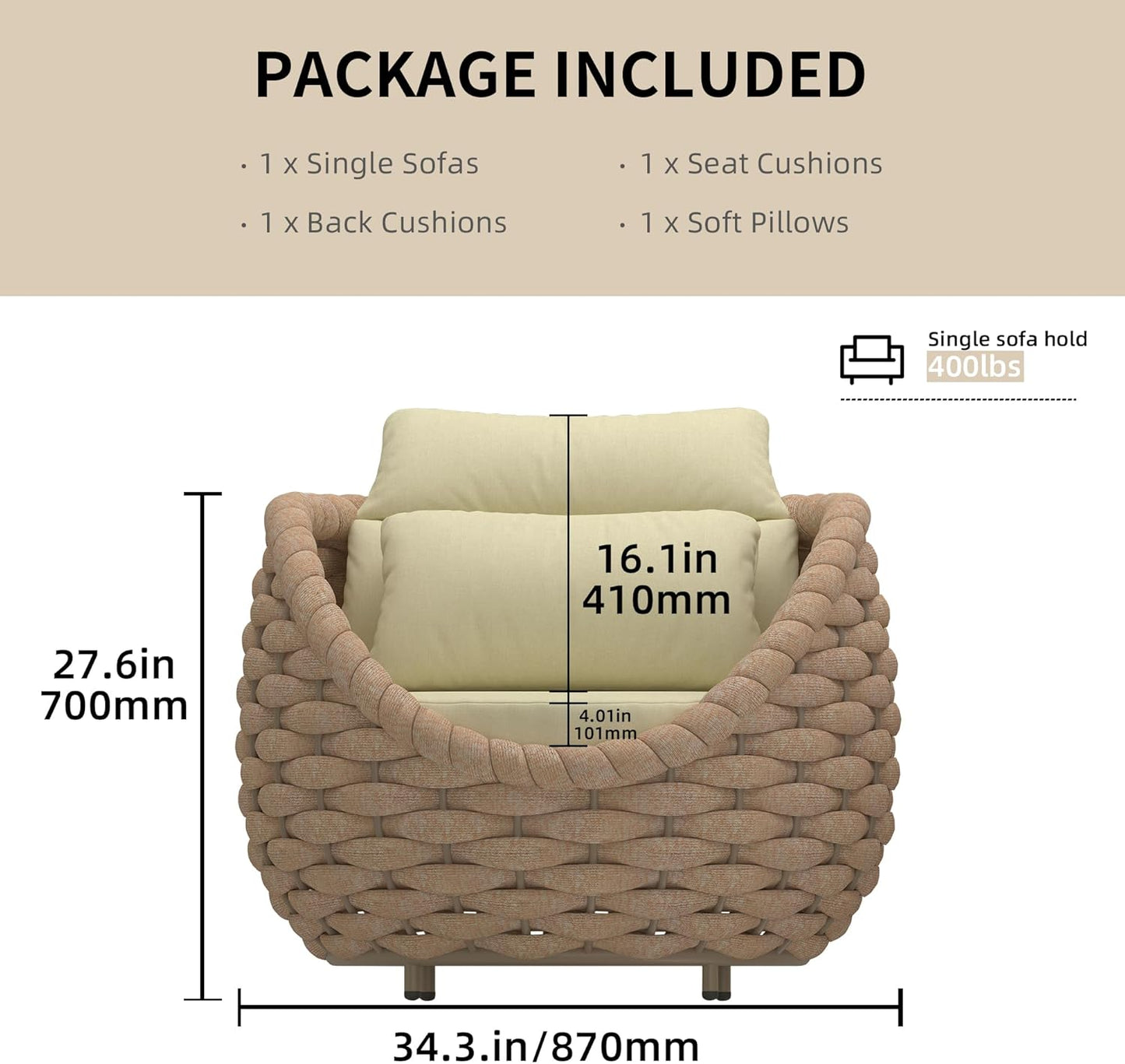 TWT 4 Pieces Patio Sofas, All-Weather Teslin Rope Balcony Furniture with Cushions & Pillows, Patio Couch Outdoor Patio Furniture Set for Indoor, Balcony, Backyard, Deck, Poolside, Light Brown