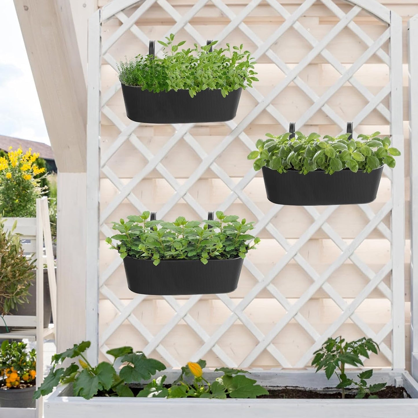 Mkono Metal Railing Planter Box 15.7 Inches 3 Pack Balcony Hanging Planter for Outdoor Plants with Detachable Hooks and Drain Holes Fence Planters for Any Balcony, Porch or Deck (3, Medium)