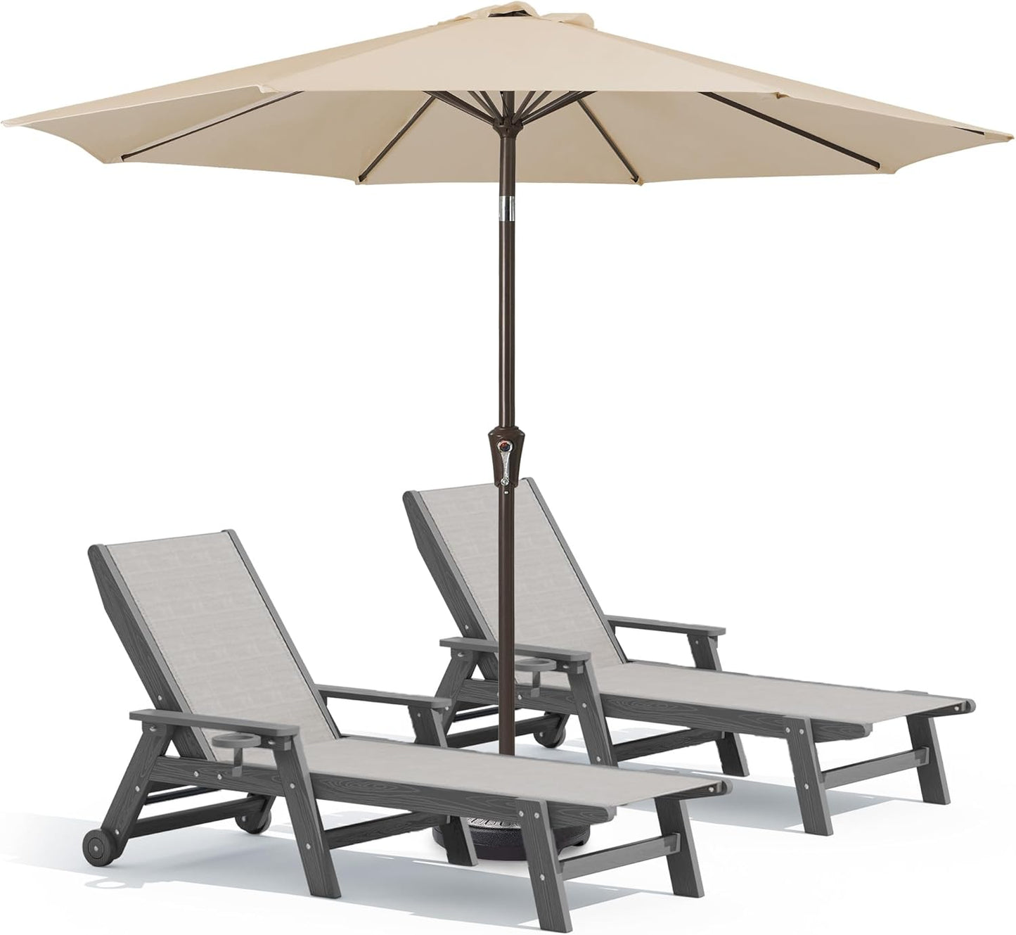 SERWALL Textilene Patio Chaise Lounge Chair Set of 2 with 9FT Patio Umbrella, 5 Positions Outdoor Lounger with Rolling Wheels for Pool, Deck, Grey (Umbrella Base not Included)
