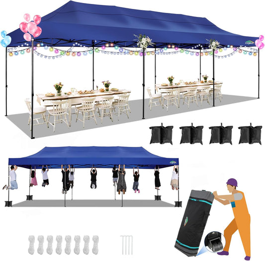 COBIZI 10x30 Pop up Canopy, Heavy Duty Outdoor Party Tents for Parties, Ez up UPF 50+ Waterproof Commercial Canopy with Wheeled Bag can fold, Dark Blue