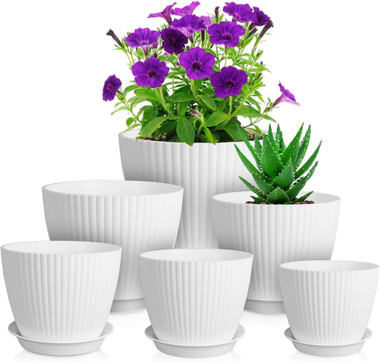 7/6.2/5.5/5/4.5/4 inch Plant Pots, 6 Pack Flower Pots for Small Indoor Outdoor Plants, Plastic Planters with Drainage Holes and Saucers for Garden Succulent House Plants, White
