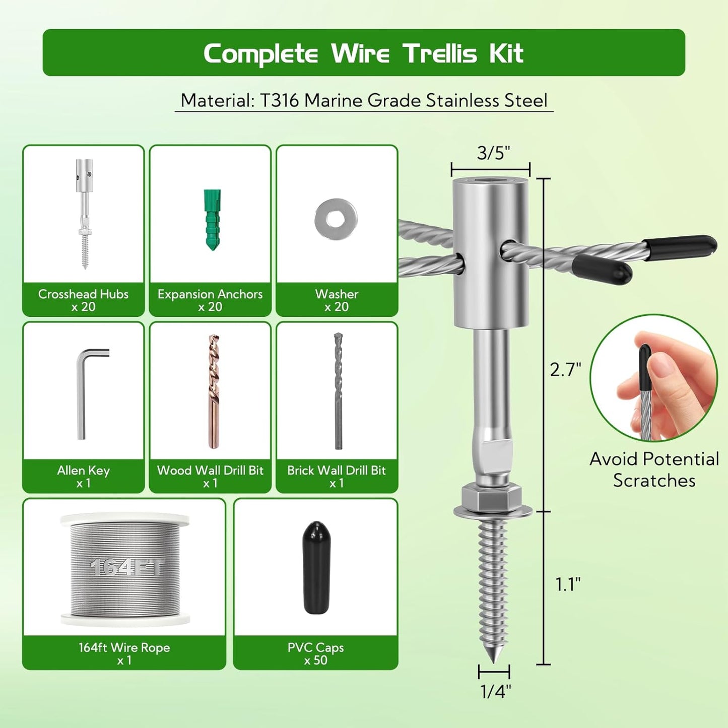 Trellis Wire for Climbing Plants Outdoor, 20 Set Wall Wire Trellis Kit with 1/8" x 164ft Stainless Steel Cable, T316 Espalier System Cable Trellis Kit with Adjustable Spacing Vines Green Wall