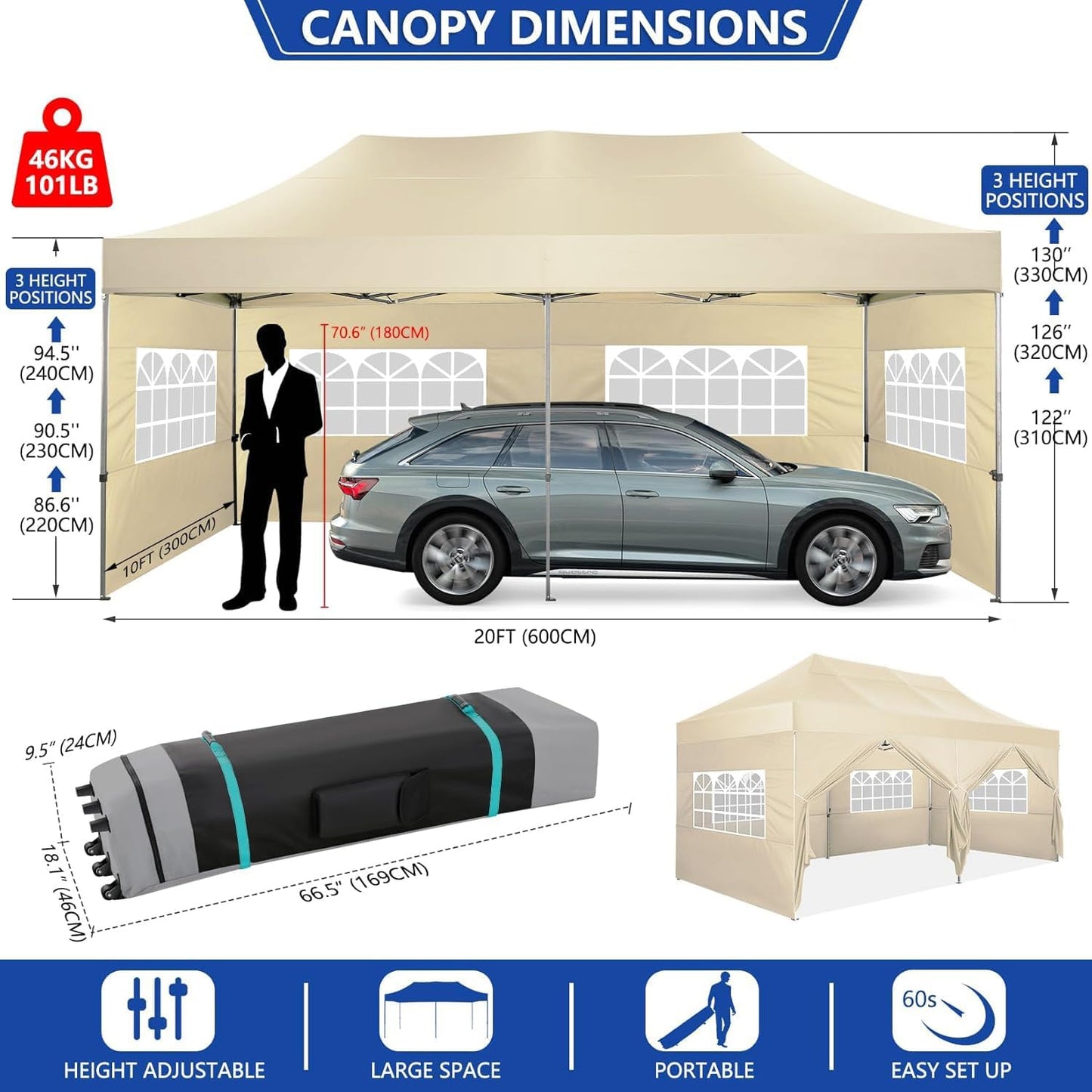 COBIZI 10x20 Pop up Canopy Tent Heavy Duty with 6 Sidewalls, Easy Set-up Commercial Outdoor Party Tent, 100% Waterproof Wedding Canopy Gazebo, 3 Height Adjustable with Wheeled Bag,Khaki