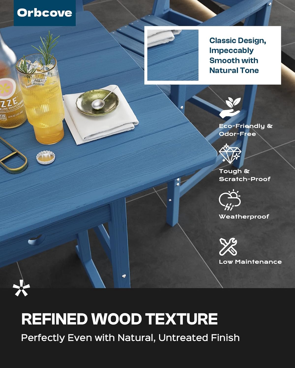 3-Piece Bar Height Patio Table and Chairs Set, HDPE Wood Grain Outdoor Bar Table and Chairs with Heart Cutout Design, Weather-Resistant Bar Height Furniture for Deck, Porch, Pool (Navy Blue)