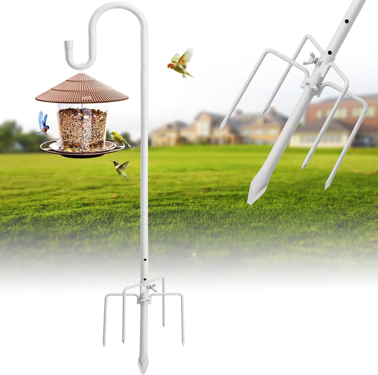 Bird Feeder Pole with Shepherds Hook - Heavy Duty Hummingbird Feeder Stand with 5 Prong,78" Adjustable Rustproof Garden Hooks Outdoor for Hanging Birdfeeder,Wind Chimes,Lanterns,Solar Lights,White