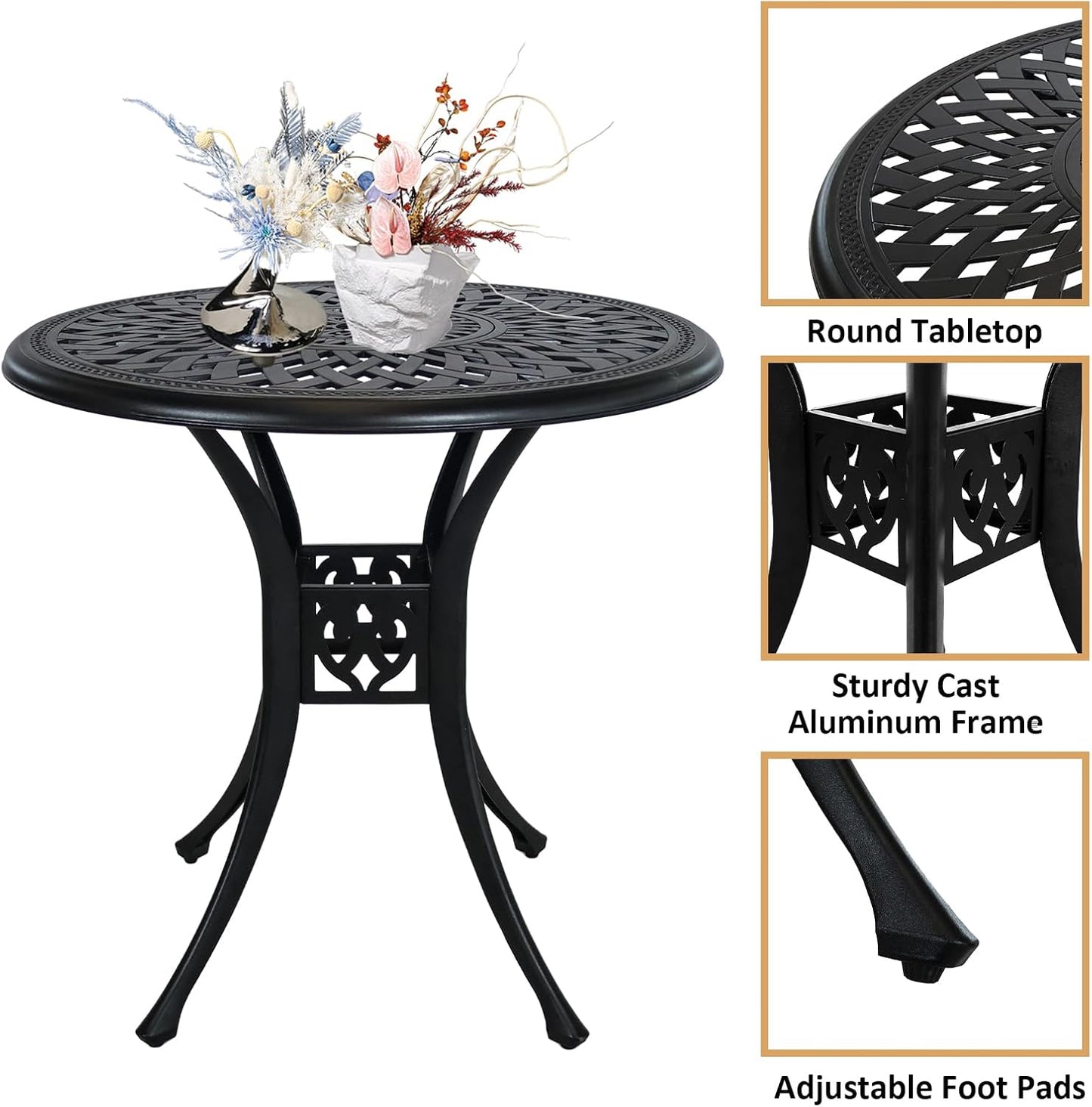 30 inches Patio Table with Umbrella Hole, Round Outdoor Table, Cast Aluminum Bistro Table, Metal Side Table for Porch Backyard, Black