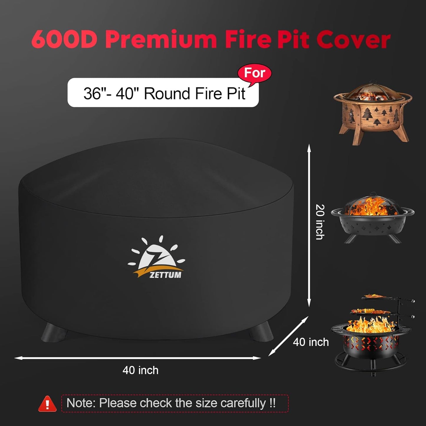 Fire Pit Cover Round 40 Inch - Outdoor Firepit Cover Heavy Duty & Waterproof, 600D Patio Fire Table Cover Gas Fire Pit Accessories Fade & Weather Resistant - 40 x 40 x 20 Inch