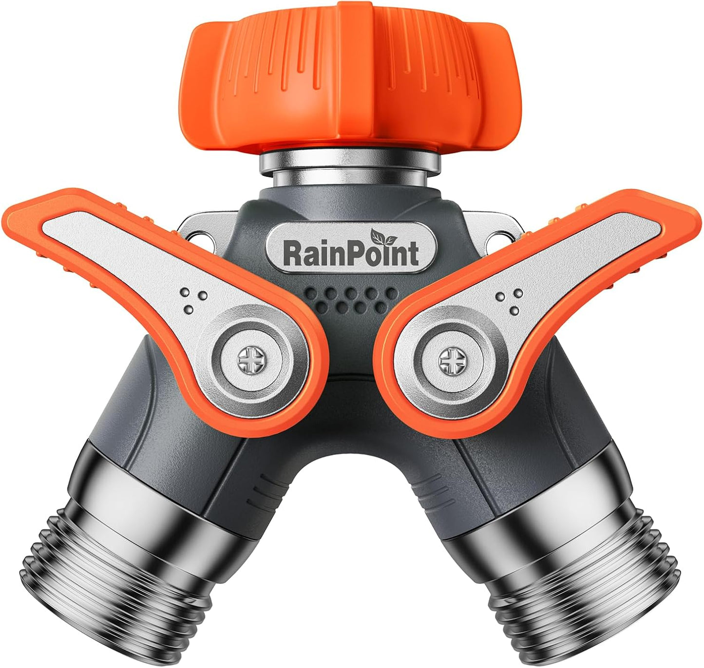 RAINPOINT Garden Hose Splitter, 2 Way Heavy Duty Water Hose Y Spigot Splitter with Shutoff Valves, 100% Metal Body Outdoor Faucet Splitter, 1.9" Extra Long Metal Handle, 3/4" GHT Thread (2, Orange)