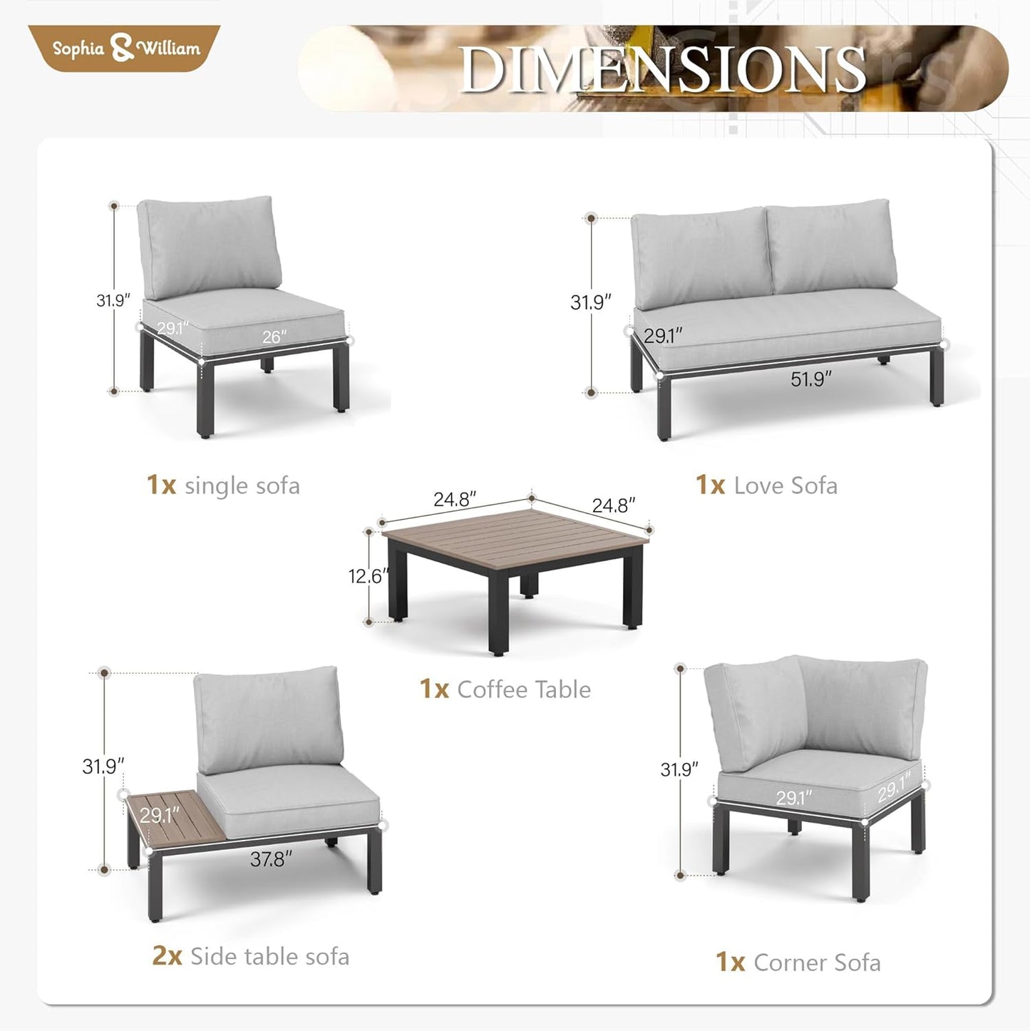 Sophia & William 6 Pieces Outdoor Patio Furniture Set, Metal Sectional Sofa Set Patio Conversation Set-2 x Single Sofa with Side Table,1 x Loveseat,2 x Single Couch,1 x Tea Table(Beige Grey)