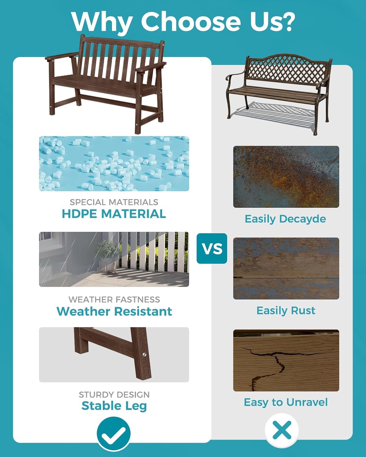 Outdoor Bench, 2-Person HDPE Garden Bench, All Weather Poly Patio Bench for Outdoors, Garden, Backyard, Porch and Park, 550 lbs Weight Capacity, Brown, 2 Pack