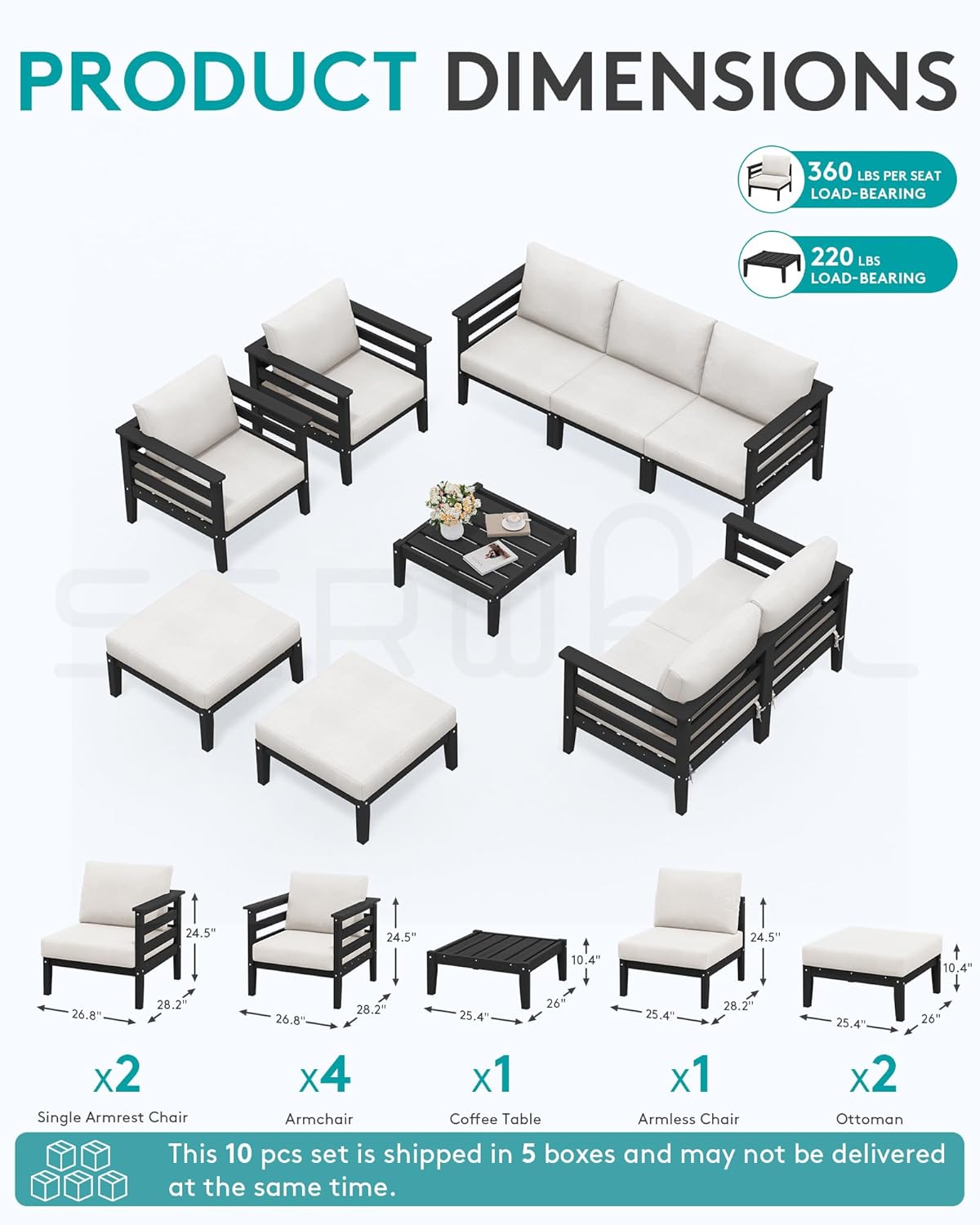 SERWALL HDPE Patio Furniture Set, 10 Pieces Outdoor Sectional Sofa Set, All-Weather Wood-Like Outdoor Sofa Couch with Coffee Table for Deck, Lawn, Black Frame with Khaki Cushion