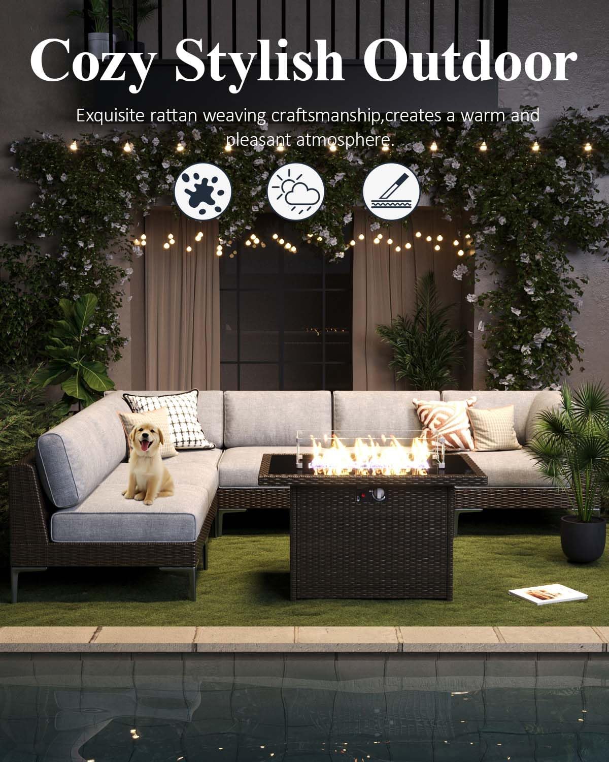 LayinSun 6-Piece Outdoor Modular Wicker Sectional Sofa with Fire Pit Table, Patio Furniture Conversation Set with Deep Seating and Thick Cushions