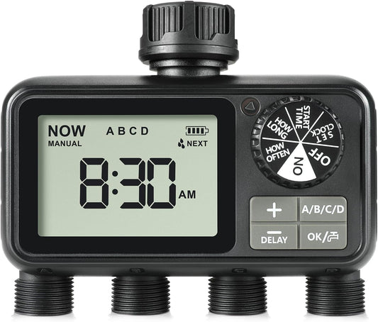 Sprinkler Timer,4 Outlets Programmable Water Timer for Garden Hose,Outdoor Hose Timers with Rain Delay/Manual/Automatic Watering System,Digital Irrigation Timers for Yard,Lawn