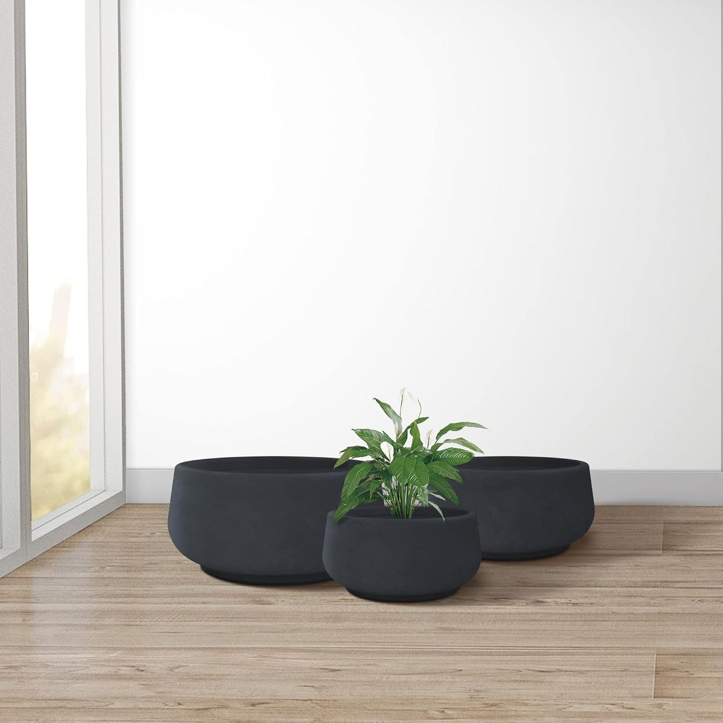 Kante 21.6",16.9",and 12.5" Dia Round Charcoal Elegant Planters (Set of 3), Outdoor Indoor Garden Plant Pot with Drainage Hole and Rubber Plug for Home & Patio