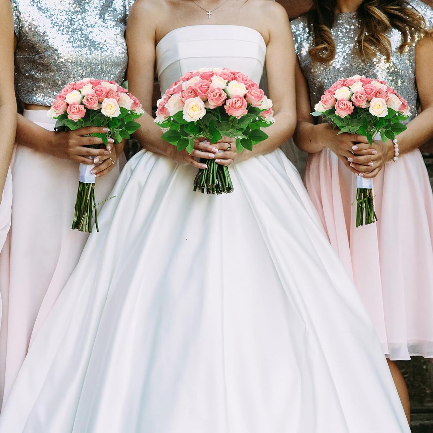 36 Pcs Pink Champagne Rose Artificial Flowers Bulk with Long Stem,Realistic Silk Fake Roses Plastic Roses Bouquet Artificial Flowers for Bridal Wedding Arrangement Table Centerpieces Decor