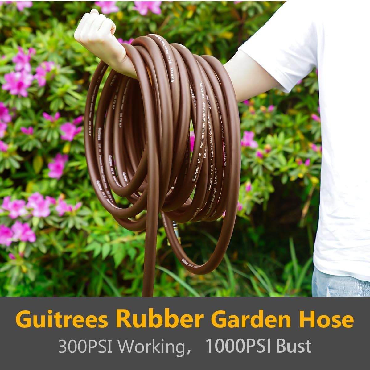 Garden Hose 90FT x 5/8", Heavy Duty Rubber Hose, Water Hose with Five Layered Braiding, Male to Female Fittings, 1000PSI Burst, 300PSI Working (Brown)