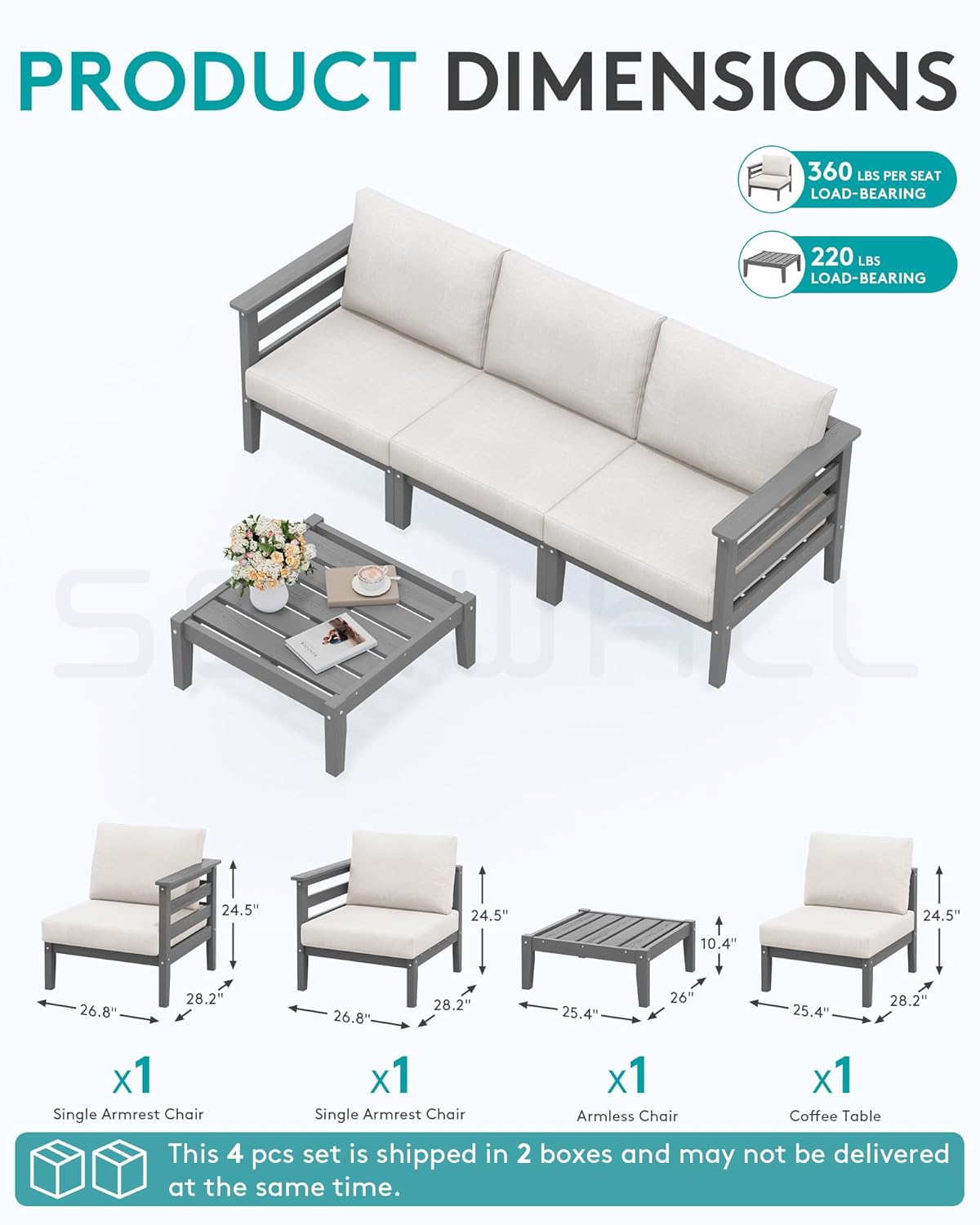 SERWALL HDPE Patio Furniture Set 4 Pieces, All-Weather Wood-Like Outdoor Sofa Couch with Coffee Table for Deck, Lawn, Grey Frame with Khaki Cushion